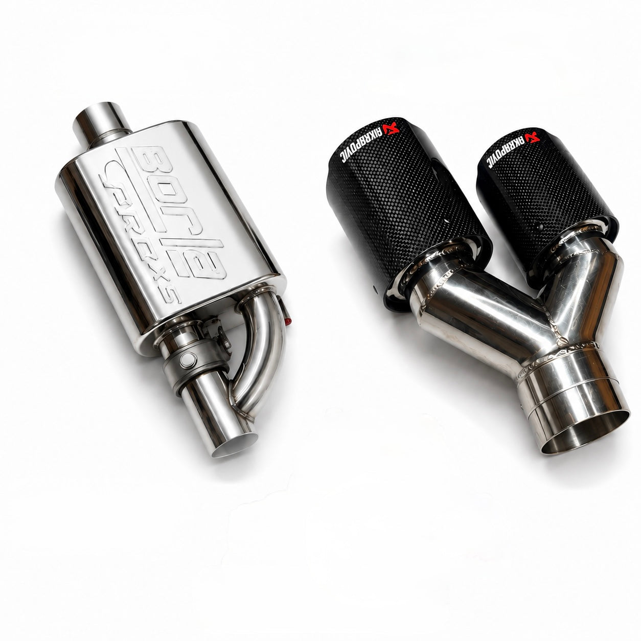 BORLA Single Tip Exhaust + AKRAPOVIC Carbon Fiber Dual Tip Exhaust | Universal Performance Exhaust Combo