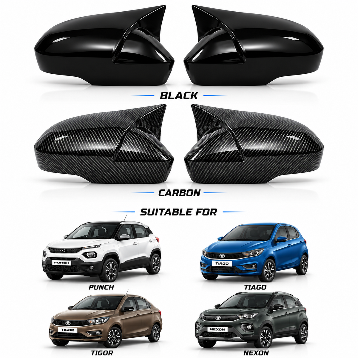 Tata Punch Tiago Tigor Nexon Side Mirror Covers – Black & Carbon Fiber