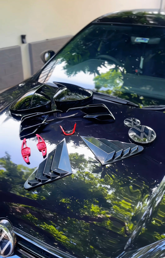 Volkswagen Virtus Premium Cosmetic Upgrade Combo | Window Louvers, Batman Mirror Covers, GT Steering Badge, Fog Lamp Covers & Gloss Black + Carbon VW Logos