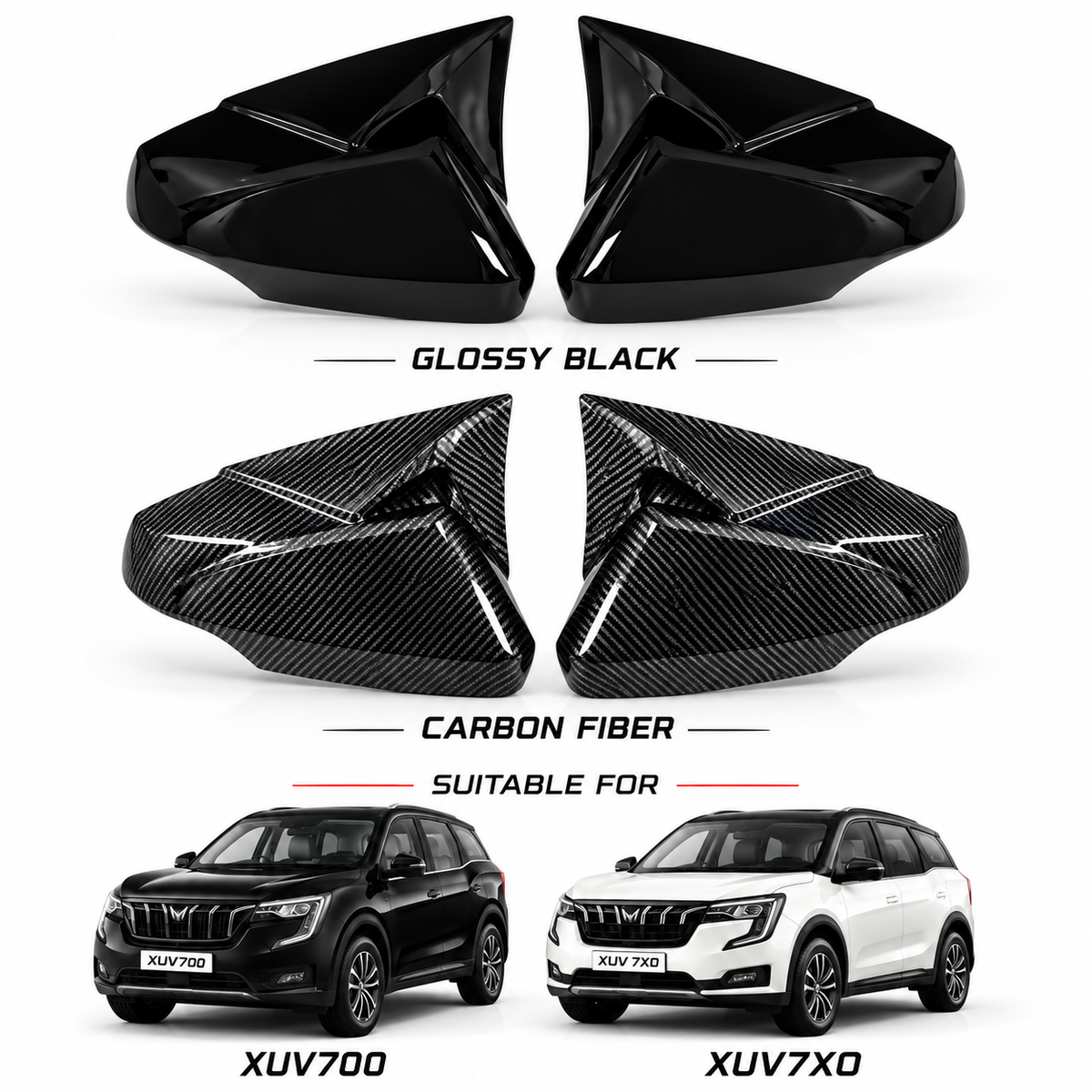 Mahindra XUV700 / XUV7XO Side Mirror Covers – Glossy Black & Carbon Fiber