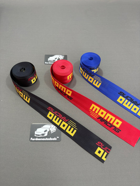 Imported MOMO Racing Style Seat Belt Webbing (Single Piece) – JDM Performance Interior Upgrade (Black/Red/Blue)