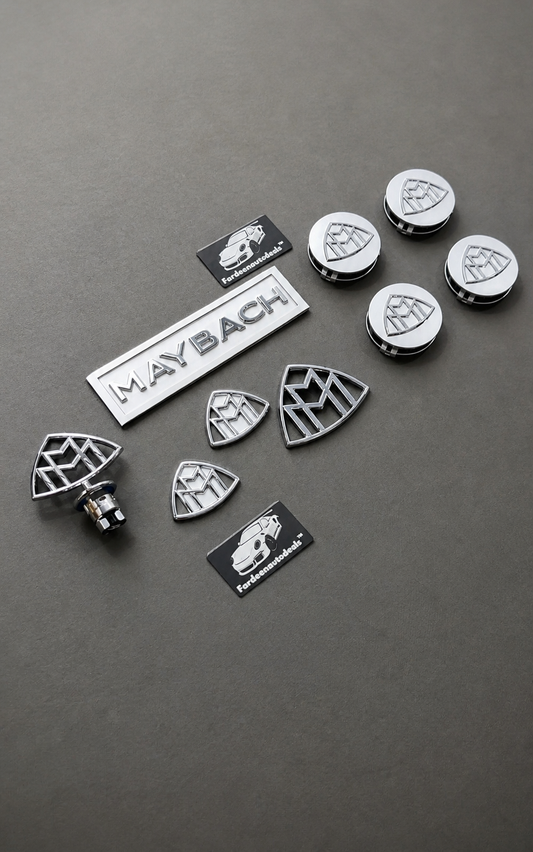 Maybach Style Complete Emblem Kit – Premium Chrome Finish (Front Logo, Wheel Caps & Lettering Set)