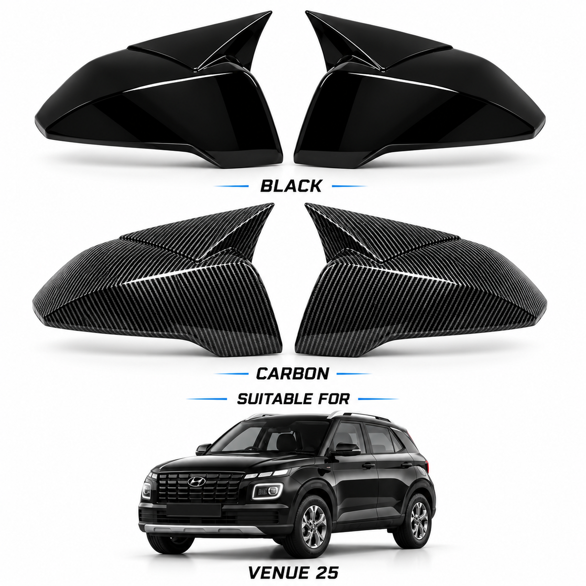 Hyundai Venue 2025 Side Mirror Covers – Black & Carbon Fiber
