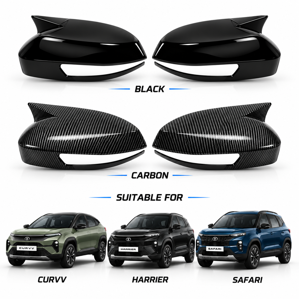 Tata Curvv Harrier Safari Side Mirror Covers – Black & Carbon Fiber