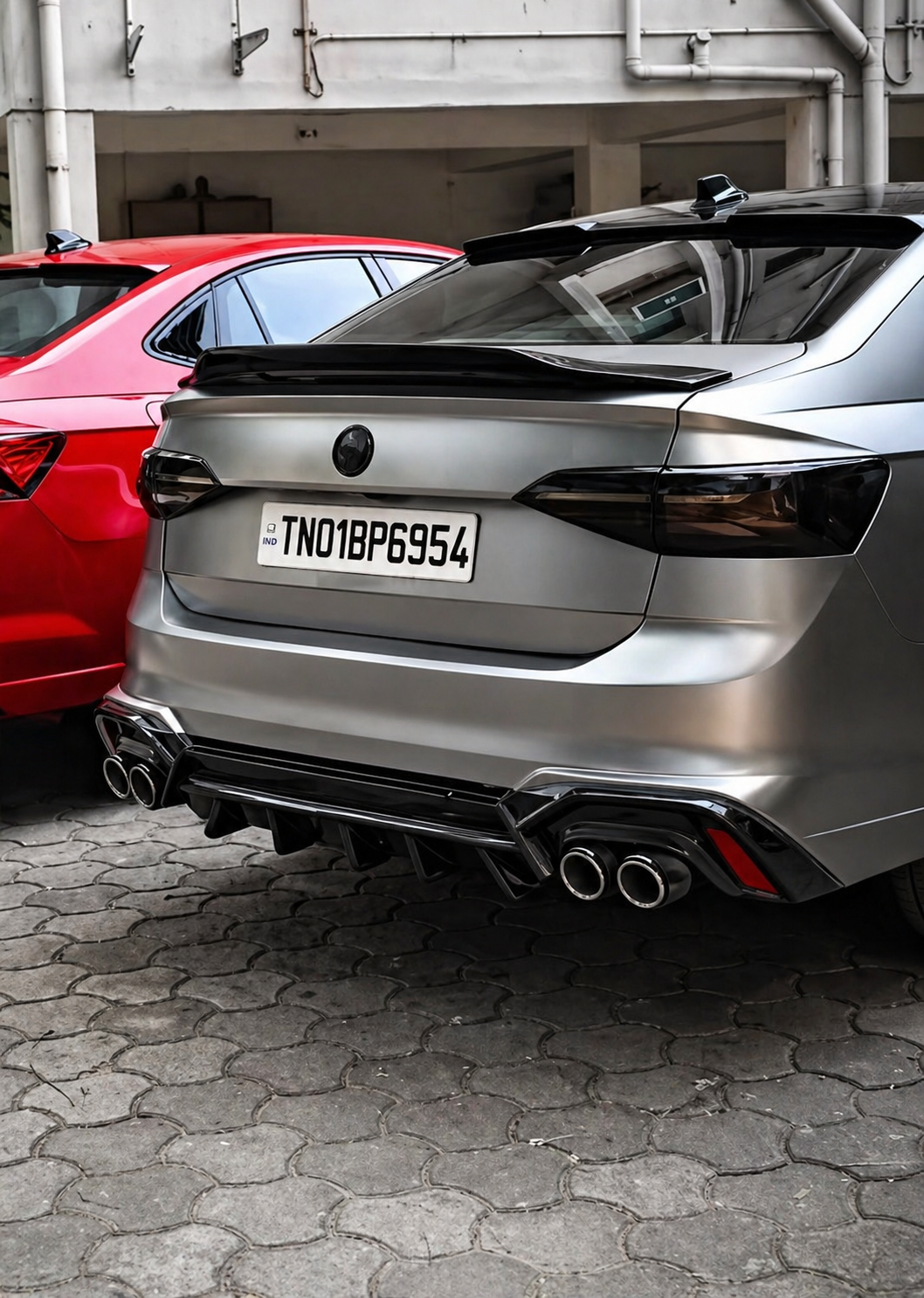 Volkswagen Virtus Full Body Kit with Spoiler, Front Splitter, Side Skirts, 4 Fin Diffuser, Batman Mirror Caps & Window Louvers